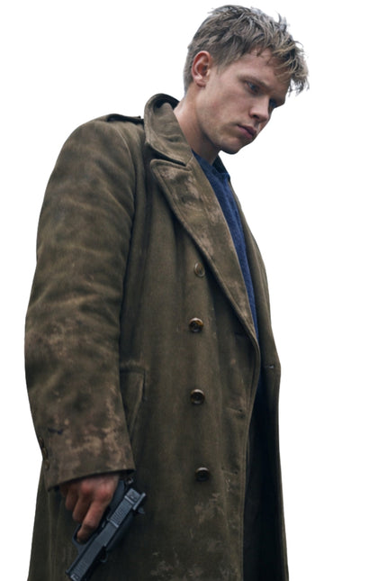 Man wearing a long brown coat holding a gun on a white background
