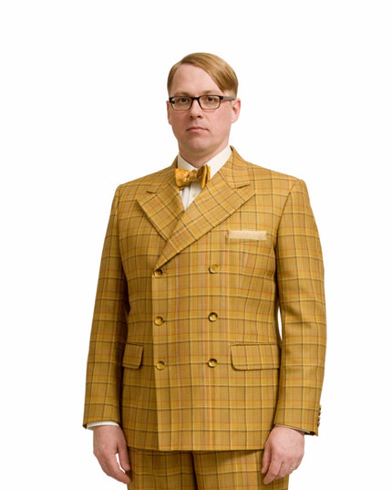 Man wearing a yellow plaid suit with a bow tie on a white background
