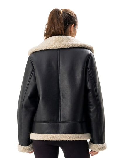 Black leather jacket with beige shearling collar and cuffs on a white background