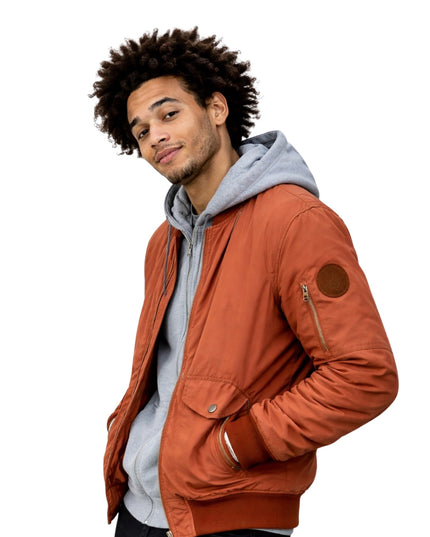 Man wearing a brown jacket with a white background