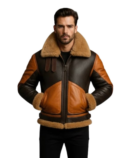 Man wearing a brown and black leather jacket with fur lining on a white background