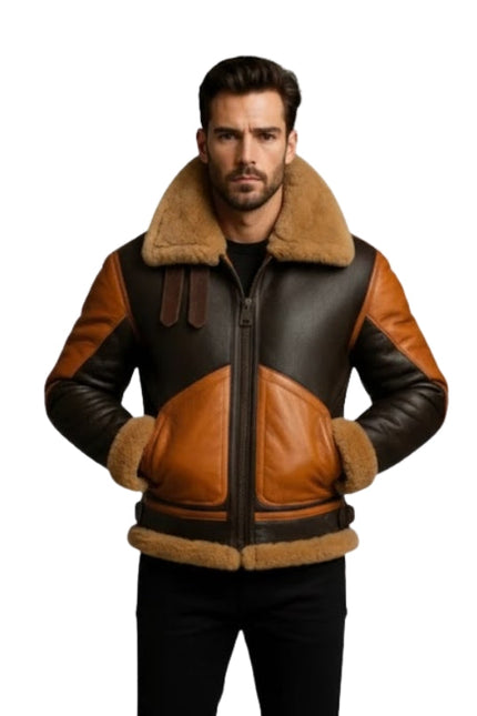 Man wearing a brown and black leather jacket with fur lining on a white background