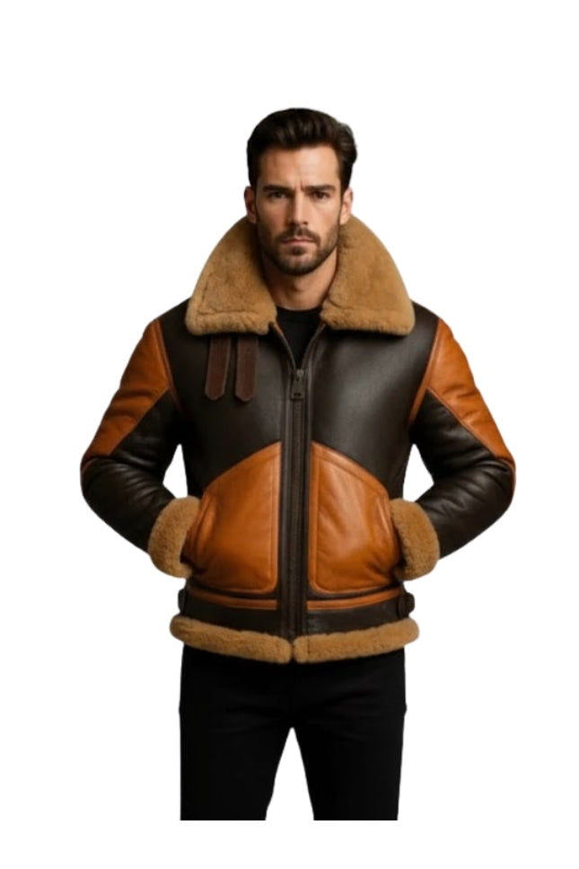 Man wearing a brown and black leather jacket with fur lining on a white background