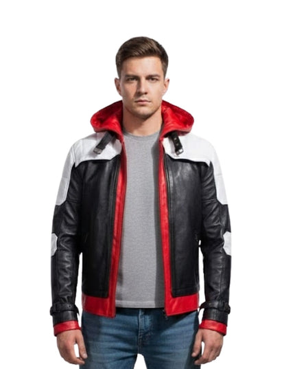 Man wearing a black, white, and red jacket on a white background