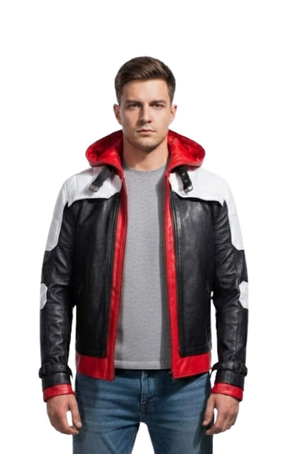 Man wearing a black, white, and red jacket on a white background