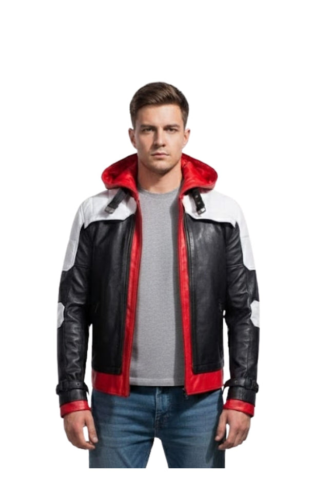 Man wearing a black, white, and red jacket on a white background
