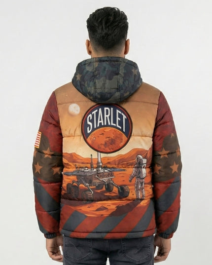 Person wearing a jacket with space-themed design and 'Starlet' branding on the back.