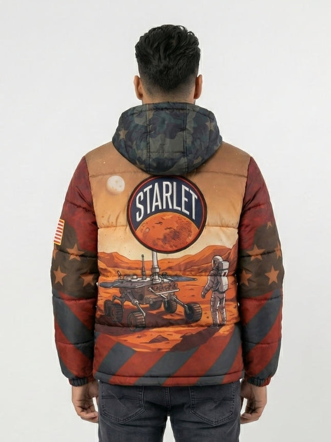 Person wearing a jacket with space-themed design and 'Starlet' branding on the back.
