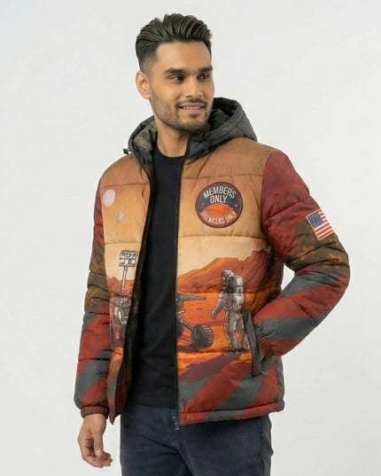 Man wearing a patterned jacket with 'Members Only' branding on a white background