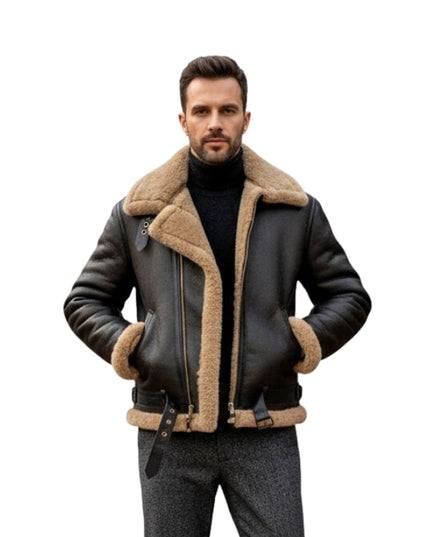 Men's Aviator Flying Raf Belted B3 Shearling Black Bomber Jacket