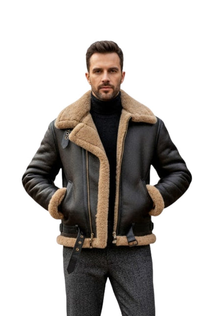 Men's Aviator Flying Raf Belted B3 Shearling Black Bomber Jacket