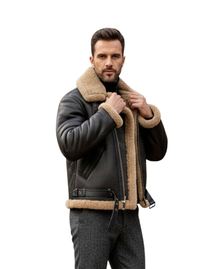 Men's Aviator Flying Raf Belted B3 Shearling Bomber Jacket Black