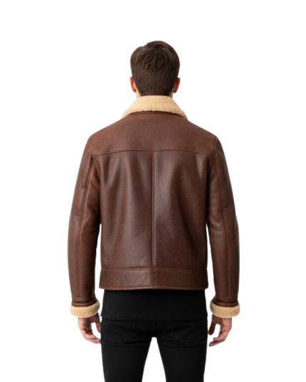 Men's Aviator Genuine Sheepskin Shearling Slim Fit Brown B3 Bomber Leather Jacket