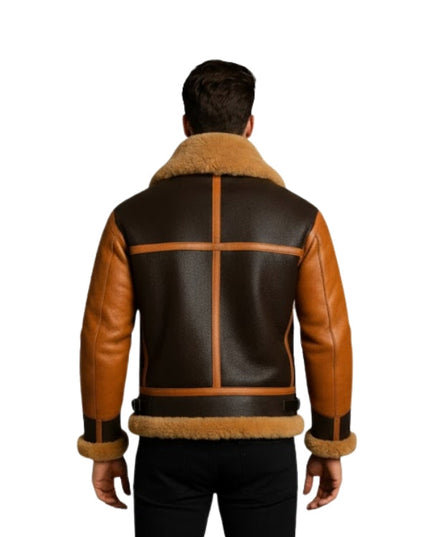 Brown leather jacket with fur lining on a white background