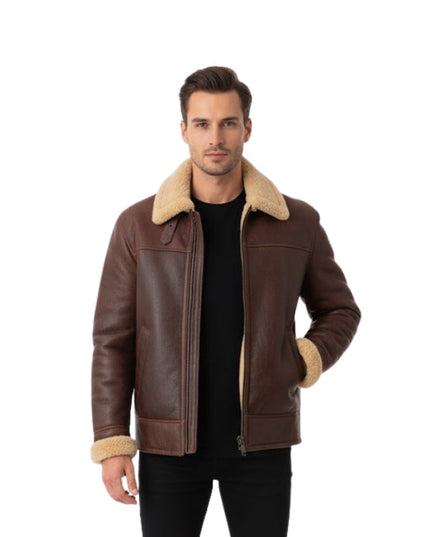 Men's Aviator Sheepskin Shearling B3 Bomber Brown Leather Jacket