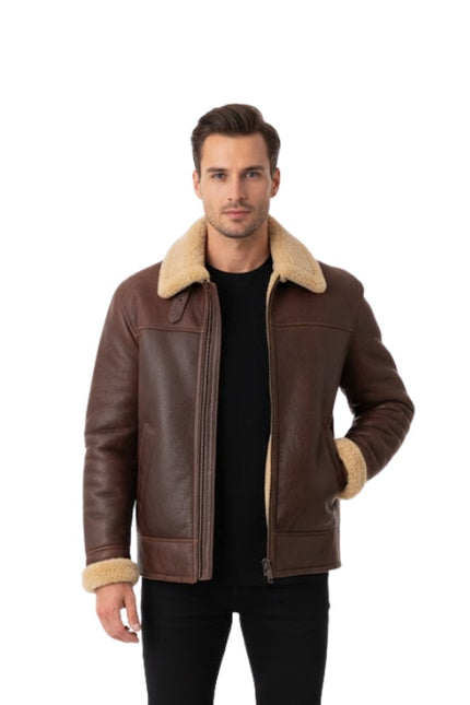 Men's Aviator Sheepskin Shearling B3 Bomber Brown Leather Jacket