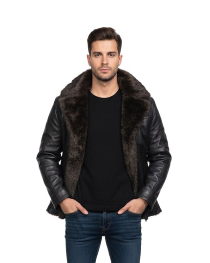 Men's Aviator Sheepskin With Faux Fur Black Bomber Jacket