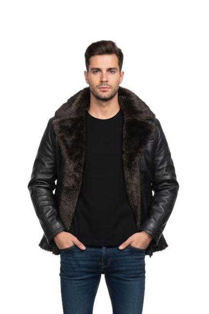 Men's Aviator Sheepskin With Faux Fur Black Bomber Jacket