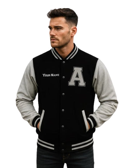Man wearing a black and gray varsity jacket with a letter 'A' on a white background