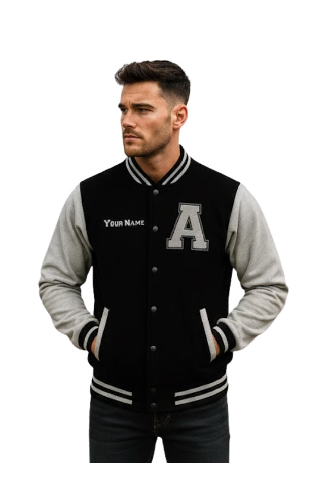 Man wearing a black and gray varsity jacket with a letter 'A' on a white background