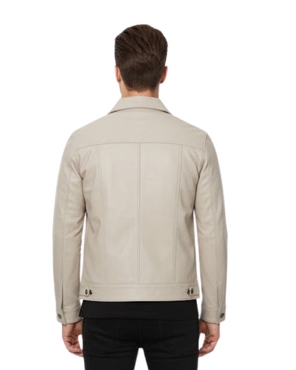 Man wearing a beige jacket on a white background