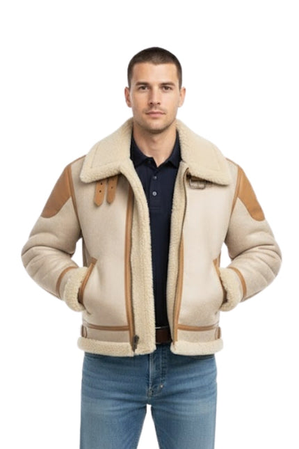 Man wearing a beige shearling jacket with brown accents on a white background