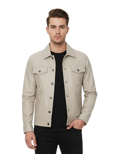 Man wearing a beige jacket over a black shirt on a white background