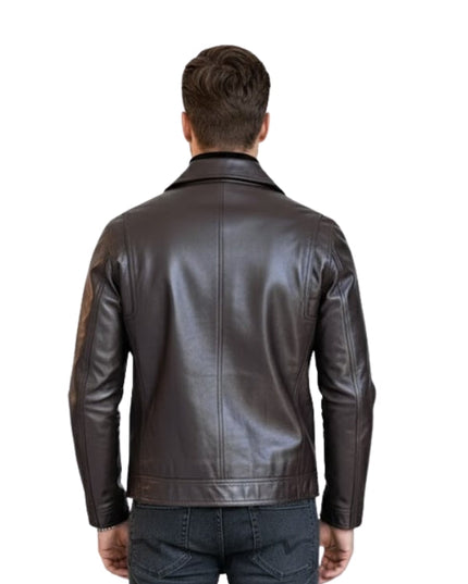 Man wearing a brown leather jacket on a white background