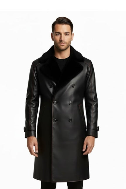 Man wearing a black leather coat on a white background