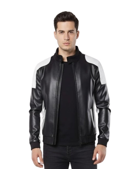 Man wearing a black leather jacket with white accents on a white background