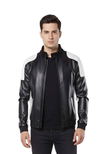 Man wearing a black leather jacket with white accents on a white background