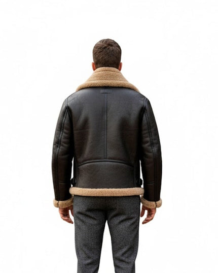 Men's Black Belted B3 Raf Pilot Bomber Sheepskin Shearling Leather Jacket
