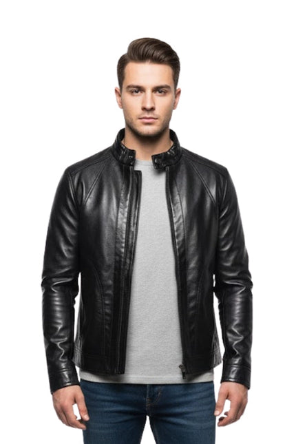 Man wearing a black leather jacket on a white background