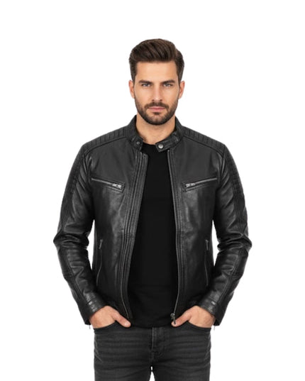 Man wearing a black leather jacket on a white background