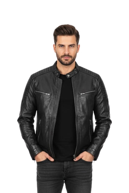Man wearing a black leather jacket on a white background