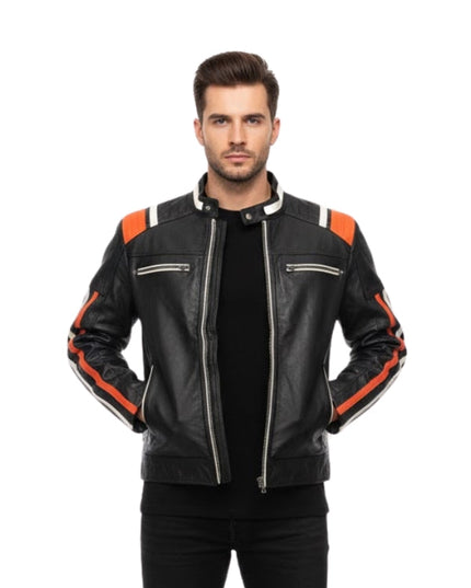 Man wearing a black leather jacket with orange accents on a white background