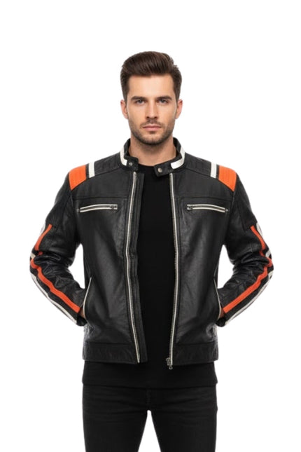 Man wearing a black leather jacket with orange accents on a white background