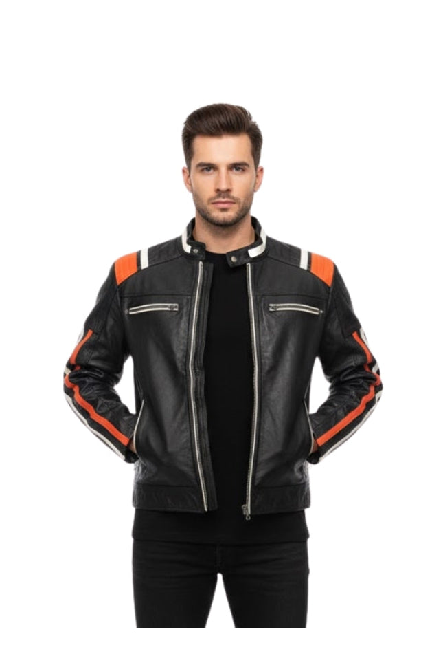 Man wearing a black leather jacket with orange accents on a white background