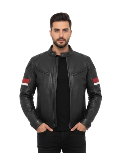 Man wearing a black leather jacket with red and white accents on a white background