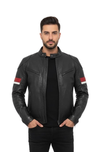 Man wearing a black leather jacket with red and white accents on a white background