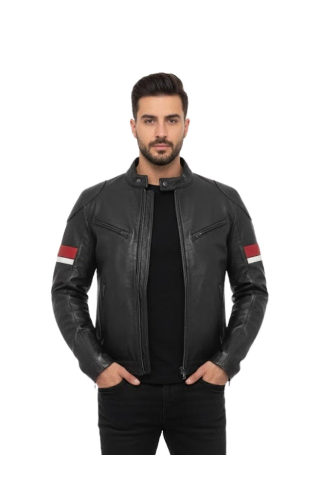 Man wearing a black leather jacket with red and white accents on a white background