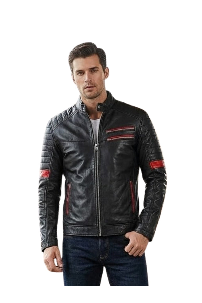 Man wearing a black leather jacket with red accents on a white background