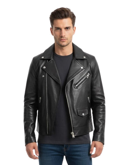 Men's Black Cross Zipper Biker Leather Jacket