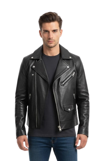 Men's Black Cross Zipper Biker Leather Jacket