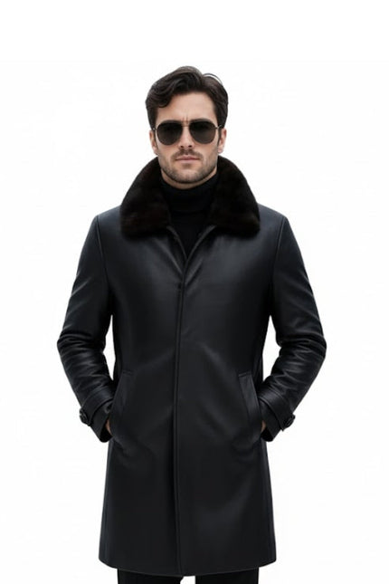 Men's Black Faux Fur Real Shearling Leather Coat