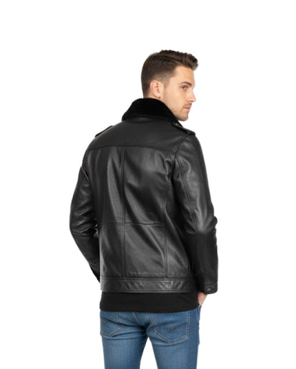 Men's Black Faux Leather Patch Pocket Shearling Collar Bomber Jacket