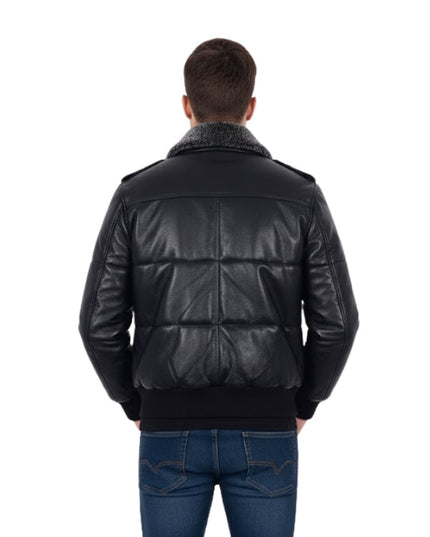 Men's Black Fur Collar Windproof Air Force Real Puffer Bomber Leather Jacket