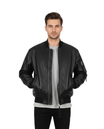 Men's Black Genuine Sheepskin Leather Bomber Jacket