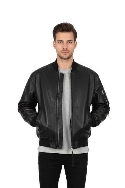 Men's Black Genuine Sheepskin Leather Bomber Jacket