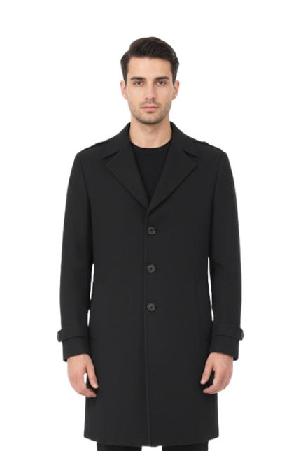 Men's Black Handmade Vintage Full-Length Wool Overcoat